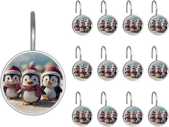 12pcs Christmas Penguins Shower Curtain Hooks, Shower Curtain Hanger Rings Roller, Stainless Steel Round Shower Rings Hangers for Bathroom