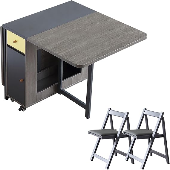FUNROLUX Folding Dining Table with 2 Chairs, Extendable Space Saving Wood Drop Leaf Dining Table with Storage Rack, 4 Wheels, 2 Drawers for Kitchen Dining Room, Grey