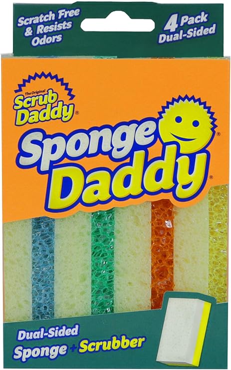 Scrub Daddy, Sponge Daddy - Dual Sided Sponge & Scrubber, Traditional Shape, FlexTexture, Soft in Warm Water, Firm in Cold, Deep Cleaning, Dishwasher Safe, Multiuse, Scratch Free, Odor Resistant, 4ct