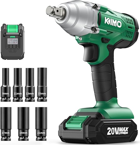 KIMO 20V Cordless Impact Wrench 1/2 inch, 2832In-Lbs & High Torque 3400 IPM, Impact Gun w/Battery & Charger, 7 Pcs Impact Driver Sockets, Electric Impact Drill Set w/Variable Speed for Car Tires