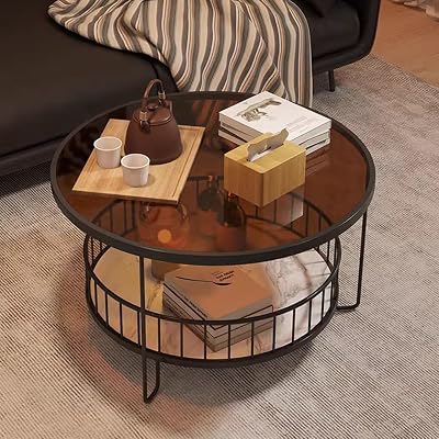 2-Tier Round Coffee Table, Metal Tea Eating Tablw wTempered Glass Tabletop, Couch Center Tables, Farmhouse Rustic Center Table for Living Room Office70CM27.5IN