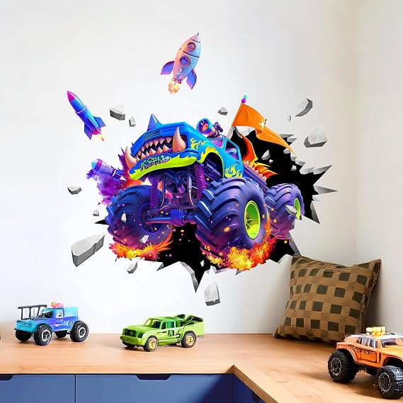 Monster Truck Wall Decals for Boys, 3D Racing Car Break Through The Wall Vinyl Wall Sticker for Kids Bedroom Nursery Playroom Classroom