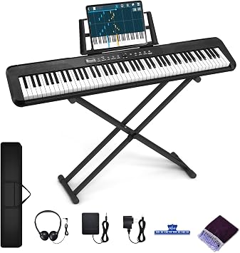 88 Key Piano Keyboard, Electric Digital Piano with Semi Weighted Keys, Keyboard Piano with Sustain Pedal, Power Supply, Stand, Carrying Case, Headphones, USB-MIDI Compatibility, for Beginner Adults