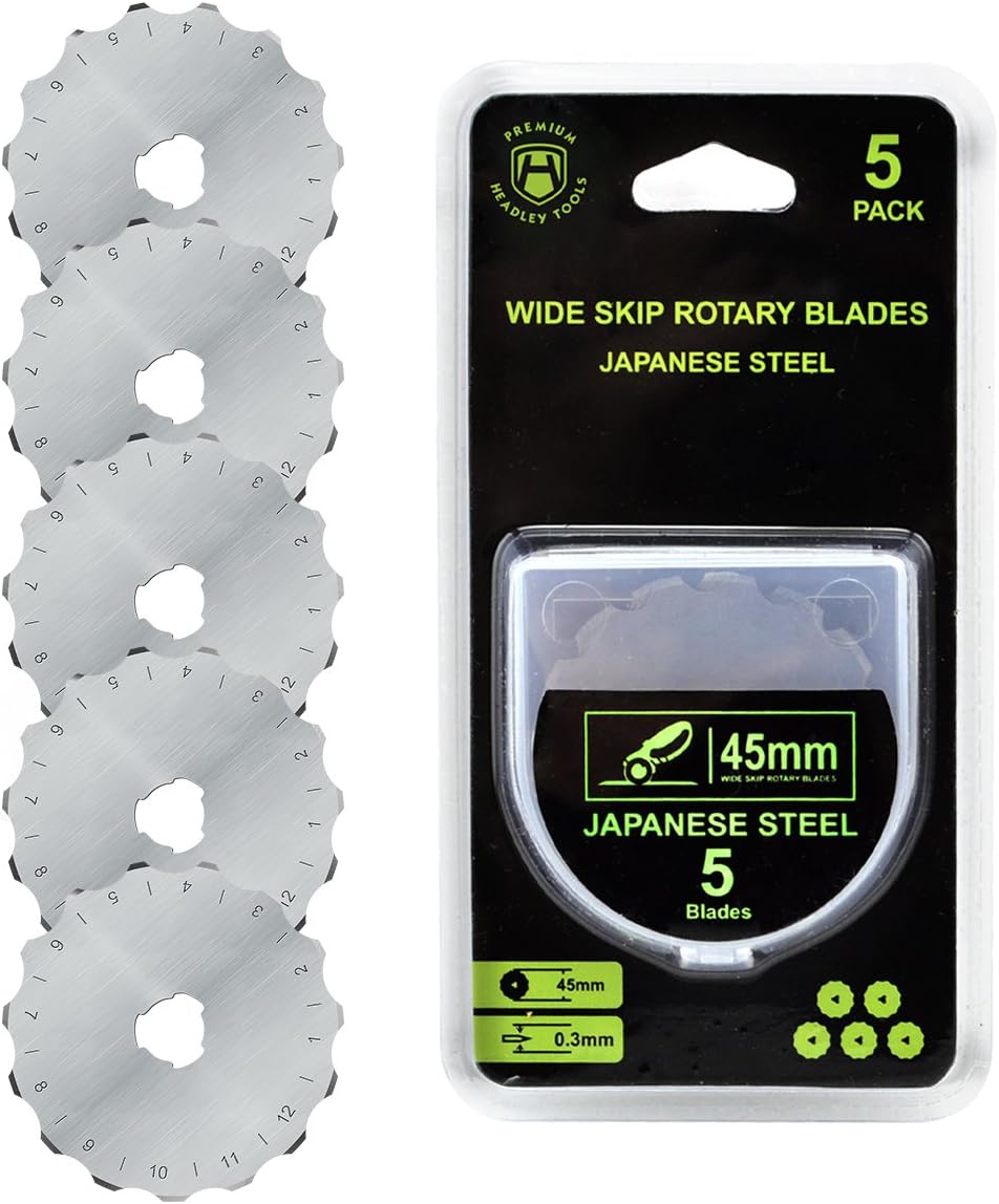 Headley Tools 45 mm Rotary Crochet Edge Skip Blades  with Storage Case Fits Olfa Fiskars Cutters- Pack of 545MM Skip, Quantity 5pc X-Large S