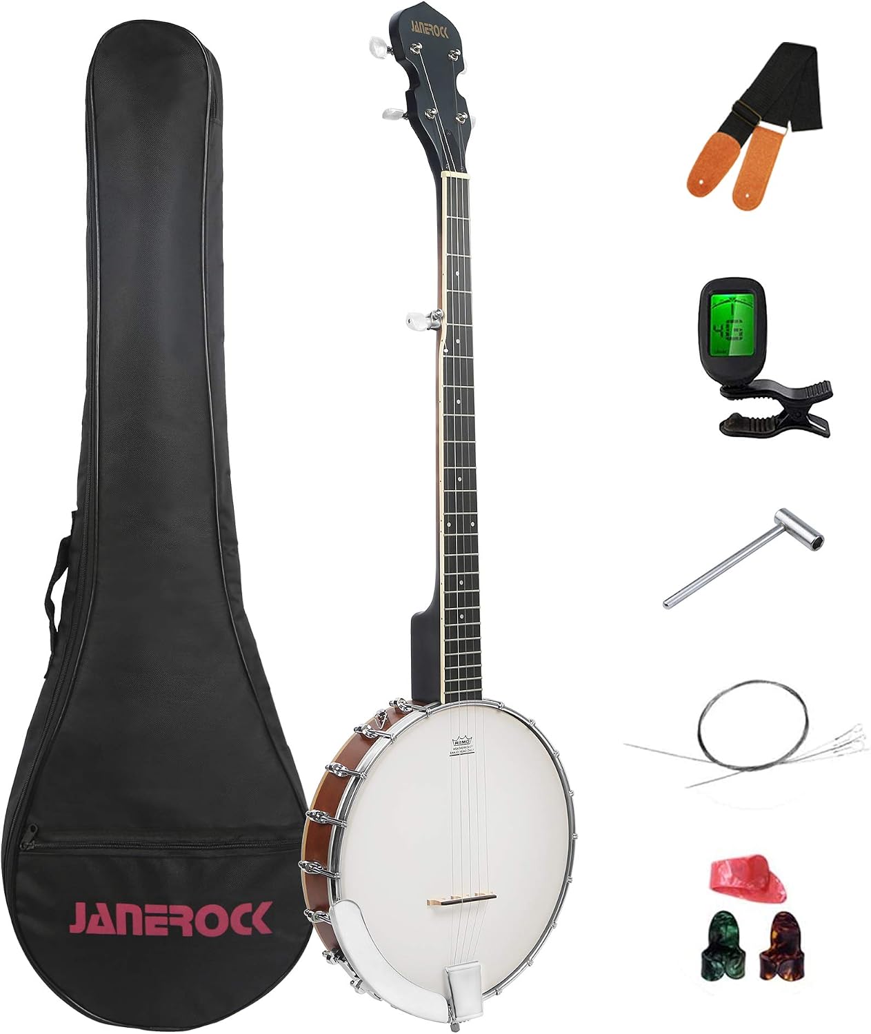 Banjo,5 String Banjo Adjustable Bracket Remo Head Open Back Banjo with Beginner Banjo Kit,Gig Bag,Extra String,Banjo Strap,Tuner