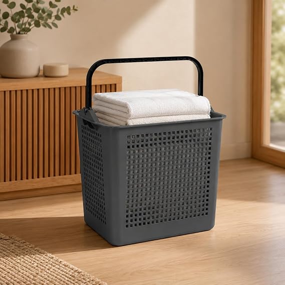 30 Litre Çamaşır Sepeti, Taşıma Kulplu Delikli Plastik Kirli Sepeti, Banyo Çamaşır Odası Yatak Odası ve Dolap Düzeni İçin Pratik Organizer (Gri)