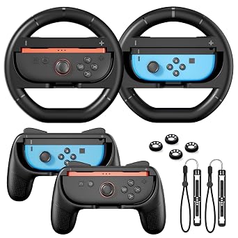 Switch 2 Joycon Grips & Steering Wheels, Joycons Accessories for Nintendo Switch 2/Switch1/OLED, Switch2 Controller Grip Bundle, Controller Holder & Steering Wheel Set with Anti-Slip Thumb Grip Wrist strap