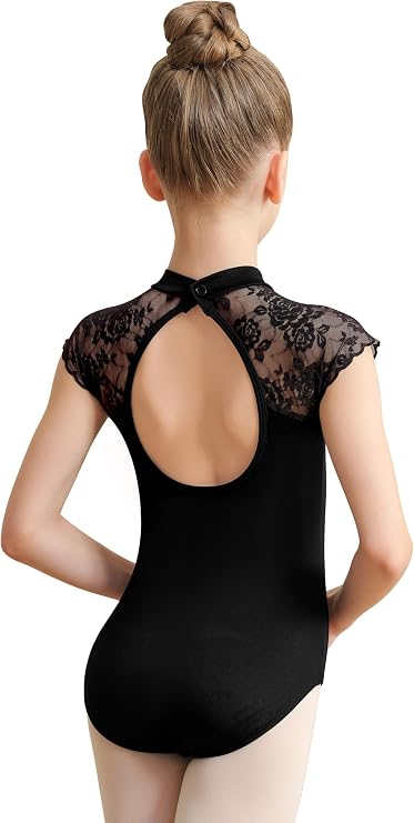 Girls Turtleneck Dance Leotard for Ballet, Lace Neckline, Full Front Lining, Hollow Back