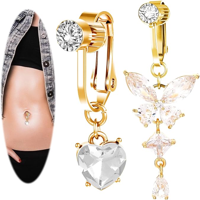 2Pcs Gold Clip On Fake Belly Button Piercing for Women - Crystal Butterfly Heart Shaped Non Piercing Belly Button Jewelry