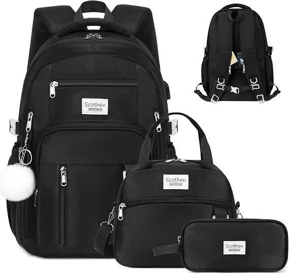 3PCS Multi-Pocket Backpacks for Girls with Lunch Bag & Pencil Pouch (Black)
