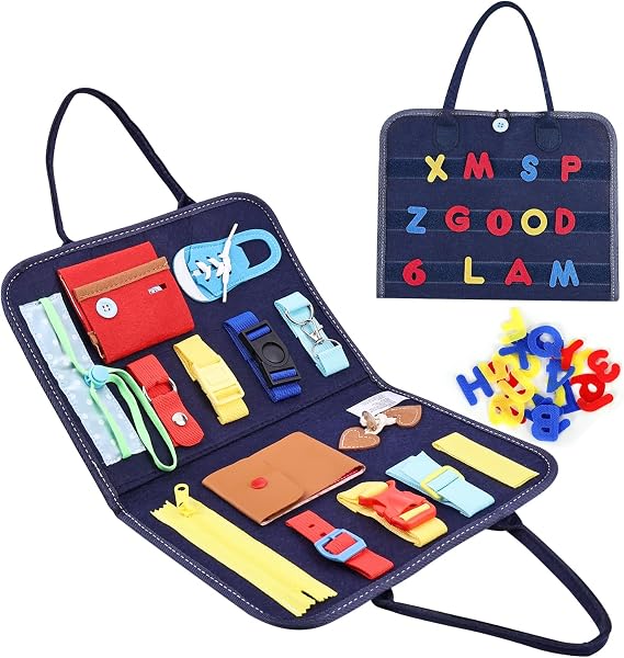 Esjay Toddler Busy Board, Sensory Board for Fine Motor Skill, Montessori Toys Educational Learning Toddler Activities for 3+ Year Old, Travel Car Airplane Toys Gifts for Boys Girls,Blue Alphabet