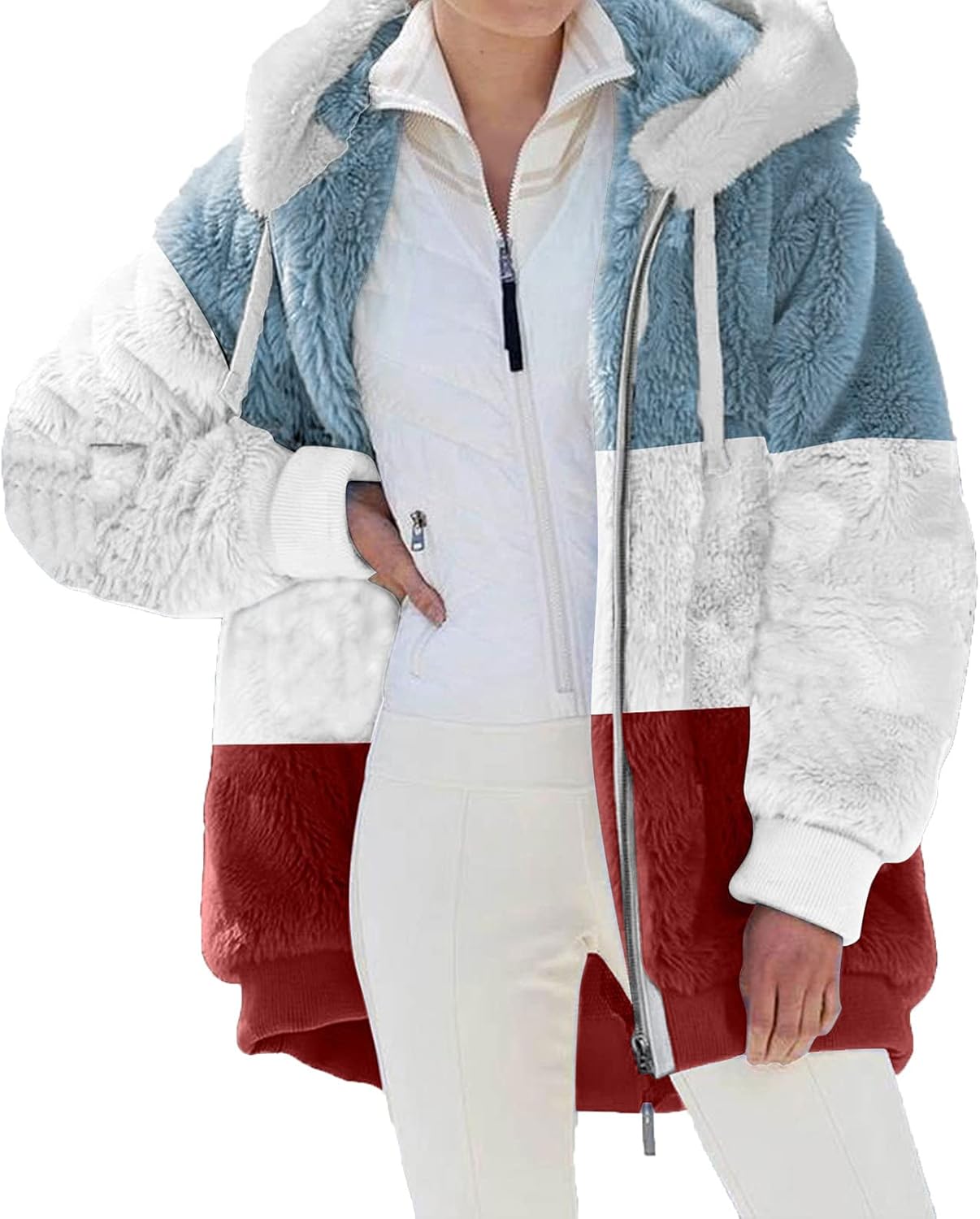 Winter Coats for Women Fuzzy Fleece Jacket Striped Color Block Long Sleeve Cardigan Full Zipper Tops Warm Hoodie Blouse
