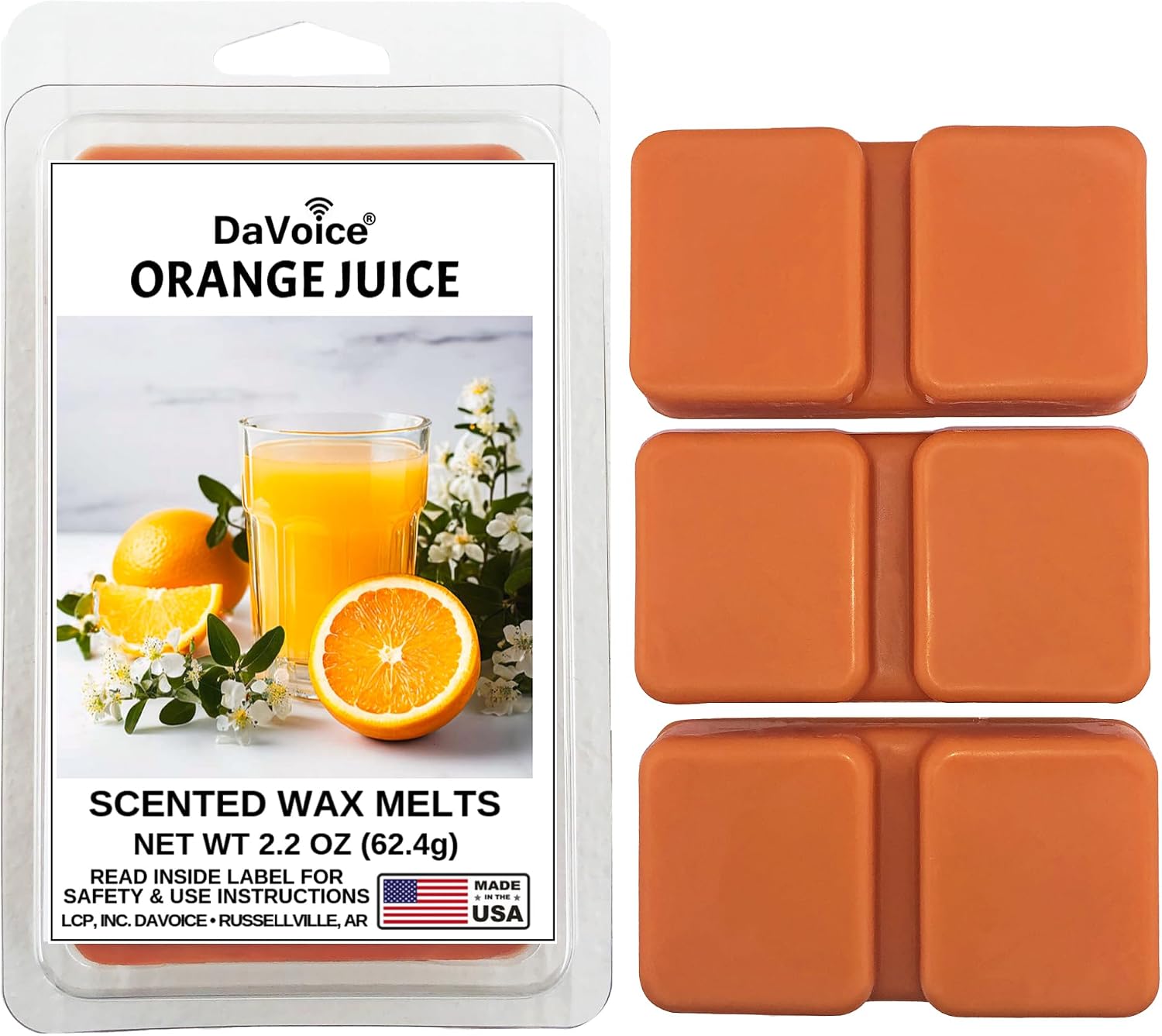 DaVoice USA Made Fall Wax Melts Strong Scented Citrus Orange Wax Melts Soy Wax Cubes for Warmers | Long Lasting Bakery Scents Food Wax Melts 6 Cubes, 2.2 oz - Orange Juice