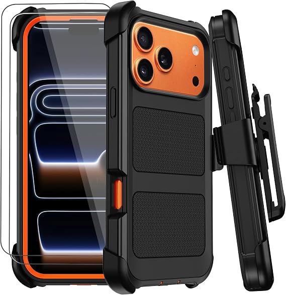 for iPhone 18 Pro Case/17 Pro Case with Belt Clip Holster, Anti-Drop,Orange