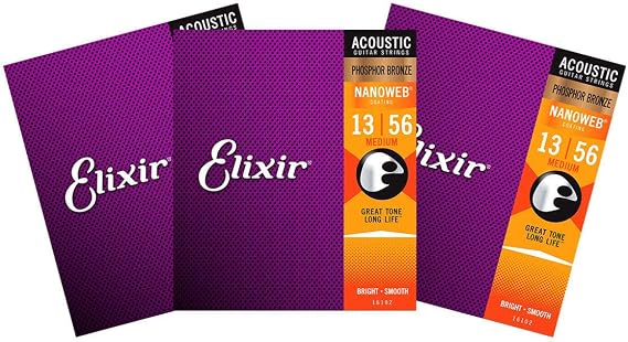 Elixir Phosphor Bronze Nanoweb 16102 Medium 13-56 Acoustic Guitar Strings 3-Pack w/Bonus Elixir Pick