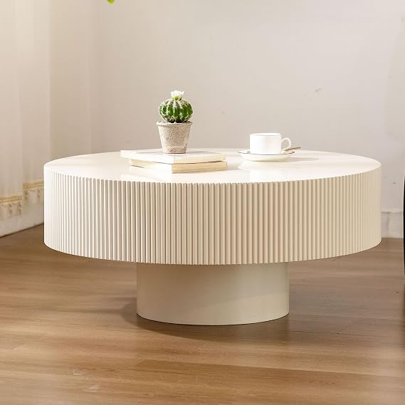 Round Fluted Drum Coffee Table with Pedestal Base