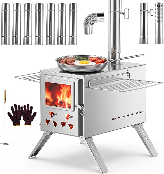 H&ZT Large Hot Tent Stove, Upgraded Wood Burning Stove with 9 Chimney Pipes, Portable Camping Heater for Cooking, Hunting & Winter Warmth