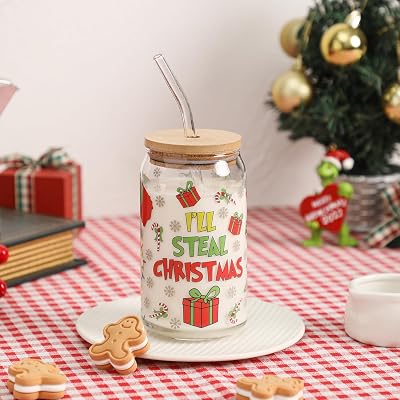 Christmas Cups 16oz Coffee Can Glass Cups with Lids and Straws Tree Tumbler Drinking Glasses Iced Coffee Cups Decor Glass Water Bottles Gift for Women Kids Men