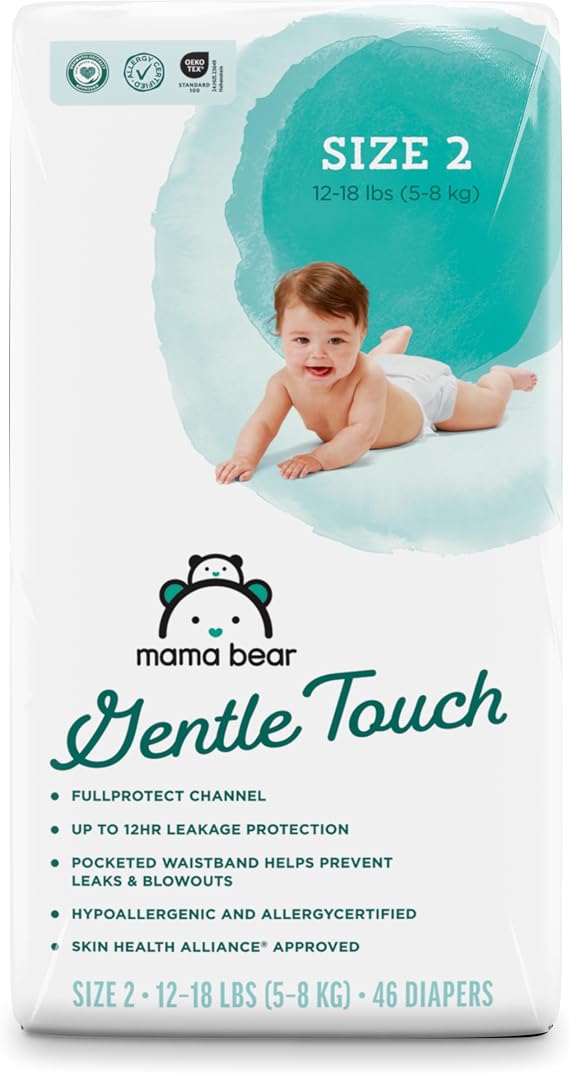 Amazon Brand - Mama Bear Gentle Touch Diapers, Size 2, 46 Count, Leak Protection, Wetness Indicator, Chlorine Free, Pocketed Waistband