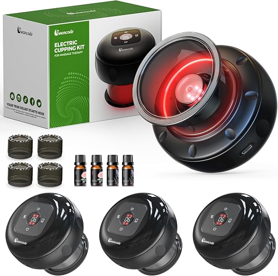 4 Pack Smart Cupping Set, Electric Cupping Device with Red Light, Heated Cupping Massager with 12-Level Suction & Heat, Cupping Machine for Pain Relief