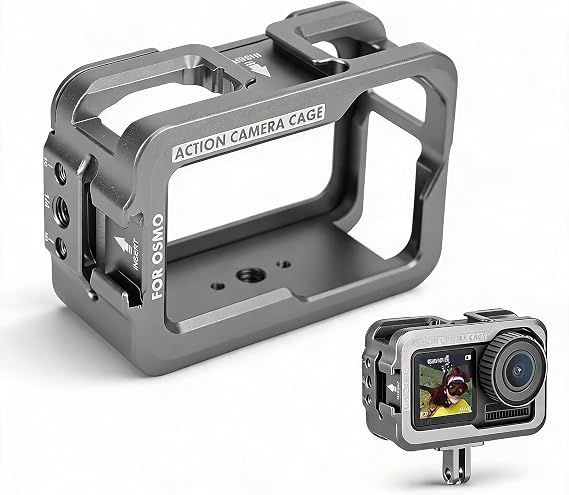 Protective Case for Osmo Action Camera, Housing Shell Case Protective Cage with 2 Cold Shoe Mount, SilverWhite.