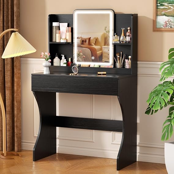 Black Small Lighted Makeup Vanity Desk with Multi-Layer Storage | 3 Adjustable Light Modes, LED Mirror, CARB P2 Certified Material, Fast Assembling
