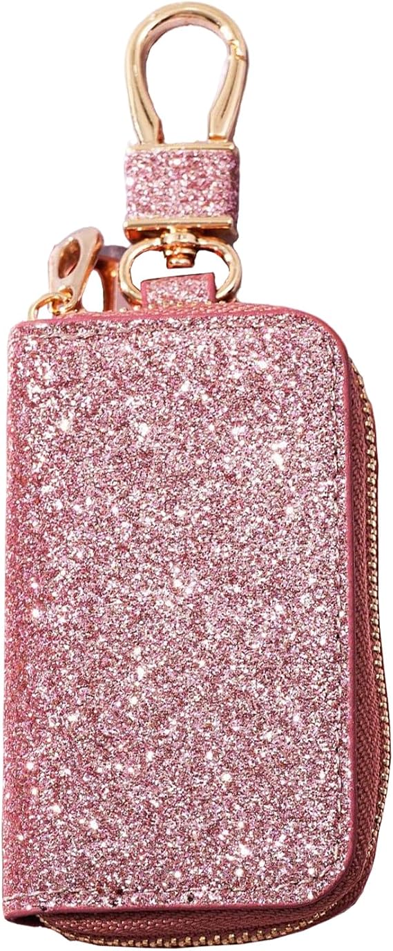 Zipper Car Key Case, Universal Key Fob Cover, Keychain Holder with Metal Hook, Sequins Car Key Bag