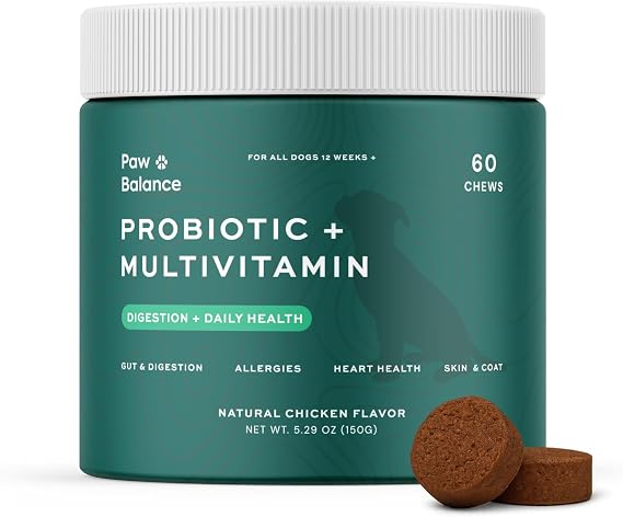Dog Probiotics and Multivitamin Chews for Digestive Health, Immune Support, Gut Health, Allergy Support, Dog Vitamins, with Vitamin C, Omega 3, Colostrum, 60 Soft Chews per Jar