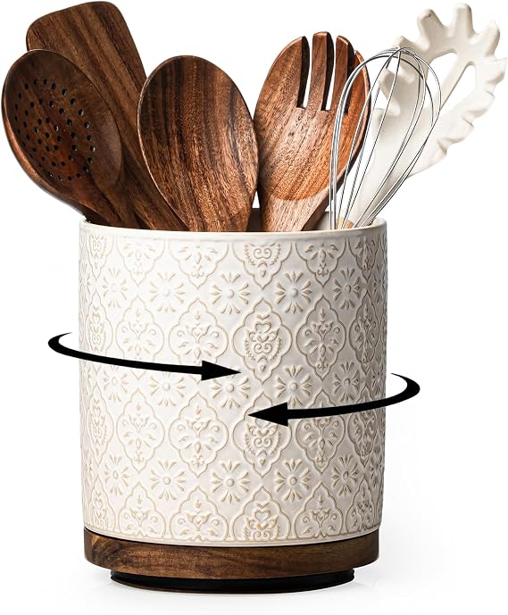 Kitchen Utensil Holder, 360 Rotating Extra Large Ceramic Utensil Holder with Embossed Pattern, 7.3 Cooking Utensil Crocks for Kitchen Countertop, Home Decor, Off-White