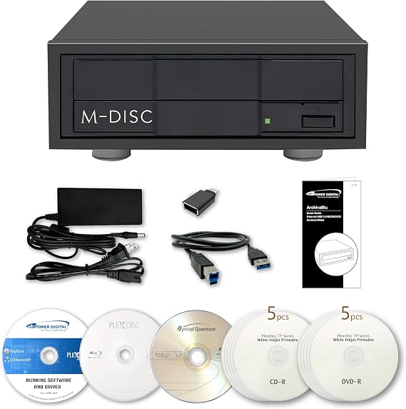 Vinpower Archival Grade 16X Blu-ray BDXL DVD CD External Burner Drive | USB 3.2 Gen 1 | Includes Burning Software, Plextools Pro, Sample Discs & M-Disc Support