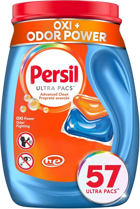 Persil Ultra Pacs Advanced Clean Oxi+Odor Power Laundry Detergent, 57 Count, No Mess, Single-Dose Laundry Soap, Fights Tough Stains & Odors, All Water Temperatures, HE Safe