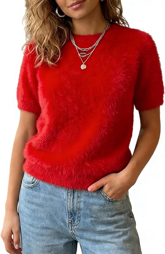 Women Y2K Furry Cropped Sweater Short Sleeve Crewneck Fluffy Sweater Tops Soft Cozy Knit Pullover Jumper Streetwear
