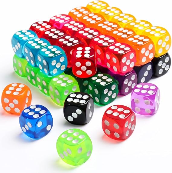 50 Pieces Dice Set, 14mm Bulk 6 Sided Colored Dices for Board Games, Math Learning,Classroom | Round Smooth Edges, 10 Distinct Bright Colors, Clear Readable Dots, Perfect for Family Group Party Games