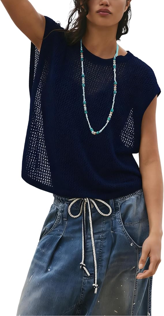 Lianlive Women's Crochet Knit Tops Cap Sleeve Hollow Out Sweater Vest Summer Cover Up Tank Top Casual Pullover Shirts