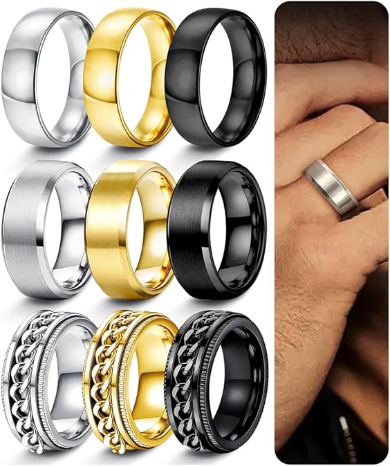 FIASASO 9Pcs Rings for Men Silver Black Mens Rings Stainless Steel Wedding Bands for Men 8MM Width Mens Wedding Band Ring Set Silver Black Male Promise Bands Ring Size 6-14
