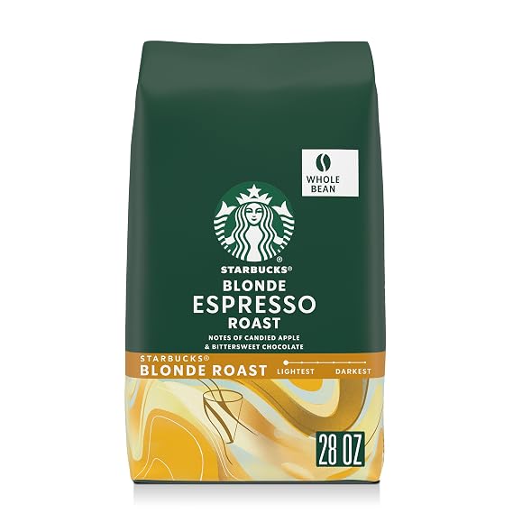 Starbucks Whole Bean Blonde Espresso Roast Coffee, 28 oz Bag | 100% Arabica whole bean coffee; Starbucks Blonde Espresso Roast; 1 bag, 28 oz