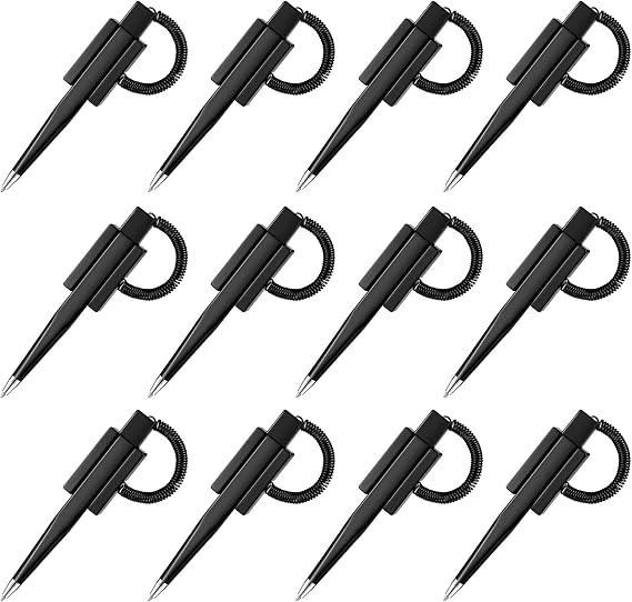 Zonon 12 Pieces 12 Pieces Secure Counter Pens with Adhesive Chain | Black Ink Counter Pen with Base Pen Holder and Plastic Coil Reception Pens for Home Bank Office Hotel Supplies