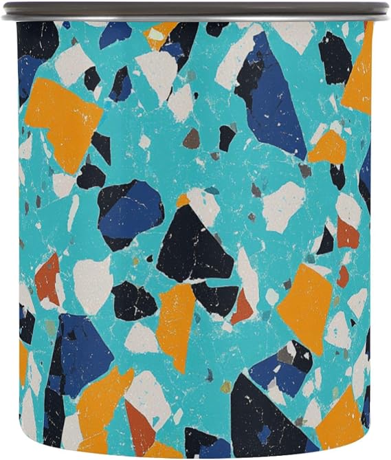 Terrazzo Pattern Glory Blue Designed 900ml Food Storage Containers With Lids Stainless Steel Storage Containers For Snacks Candy Push Button Cereal Container