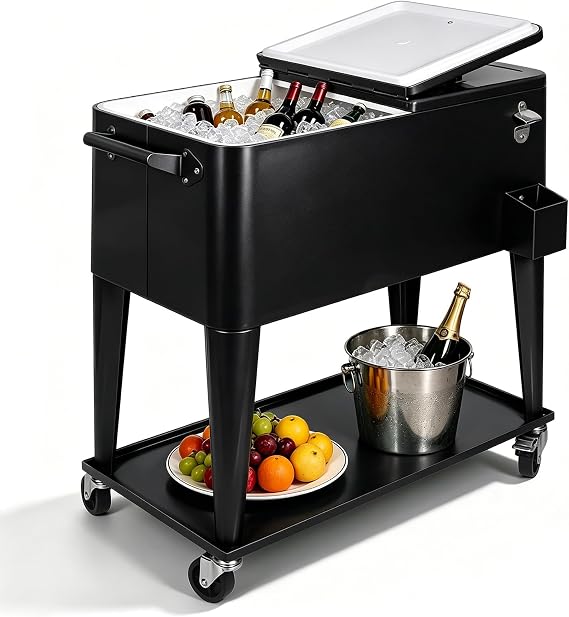 Rolling Cooler, Portable Ice Chest on Wheels, Patio Party Bar Drink Cooler Cart with Bottle Opener & Cap Collector, Bottom Storage Tray & Drain Plug, for BBQ Beach Activities