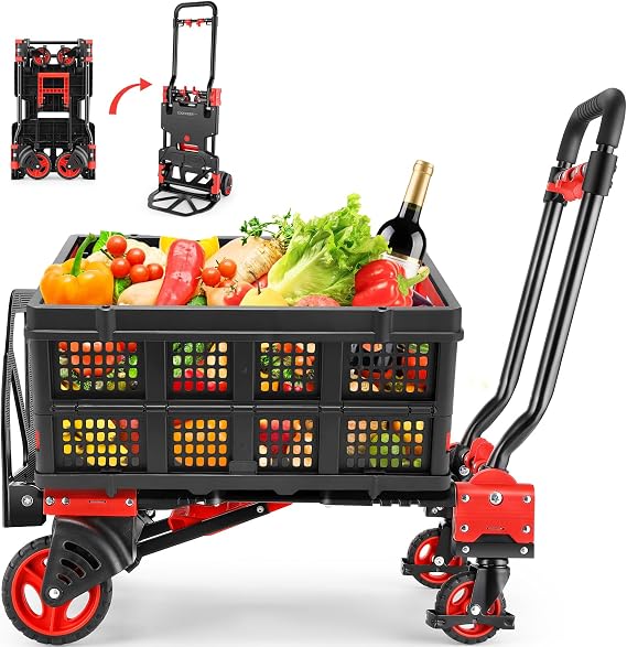 Folding Hand Truck Dolly,330lb Cart+1 Folding Basket,4 to2 Wheel Moving Red