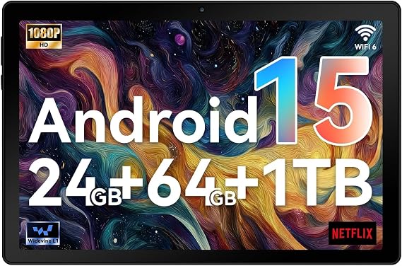 10 Inch Android Tablet, Octa-Core Processor, 24GB RAM 64GB ROM, IPS HD Display, Android 15, Dual Camera, 5000mAh Battery, Widevine L1 Certified, WiFi Bluetooth Tablets (Black)