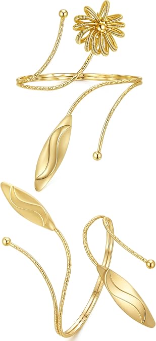 BOMAIL 2Pcs Upper Arm Bracelet for Women Arm Band Cuff Coil Coil Bangle Bracelets Set Gold Plated Flower Leaf Arm Cuff Boho Jewelry for Women
