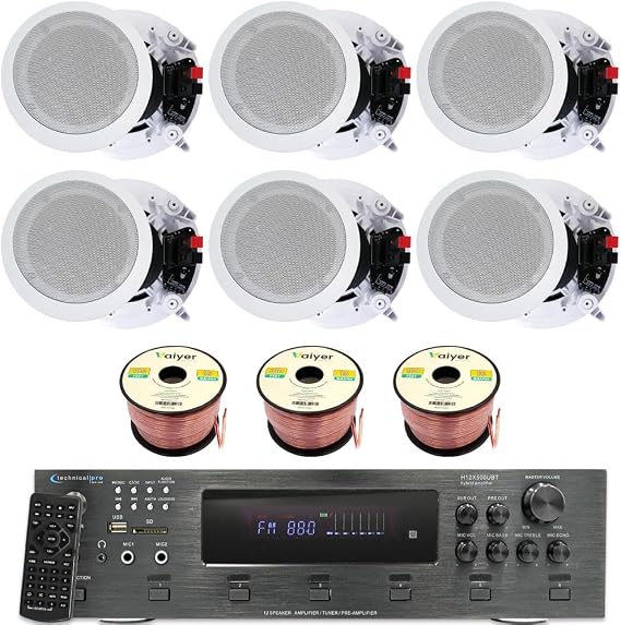 Technical Pro Home Stereo System Kit - 6 ch 6000 Watts Bluetooth Amplifier | w/ 6 x 8 Framed Ceiling Speakers 300 W Each,300 ft Speaker Wire, Remote for Living Room, Office, Bar