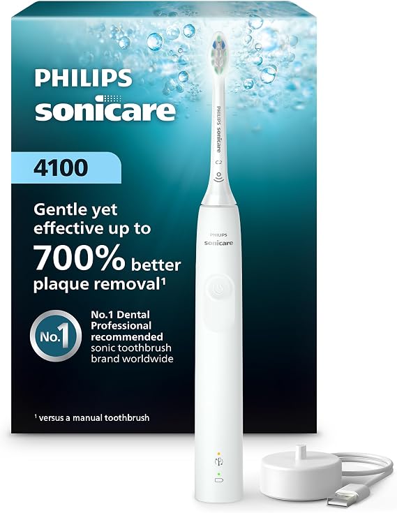 Philips Sonicare 4100 Rechargeable Electric Toothbrush, 1 Brush Head, White | 700% More Plaque Removal1, Pressure Sensor, 2 Brush Settings, 2-Minute Guided Timer, 14-Day Battery, HX3681/23