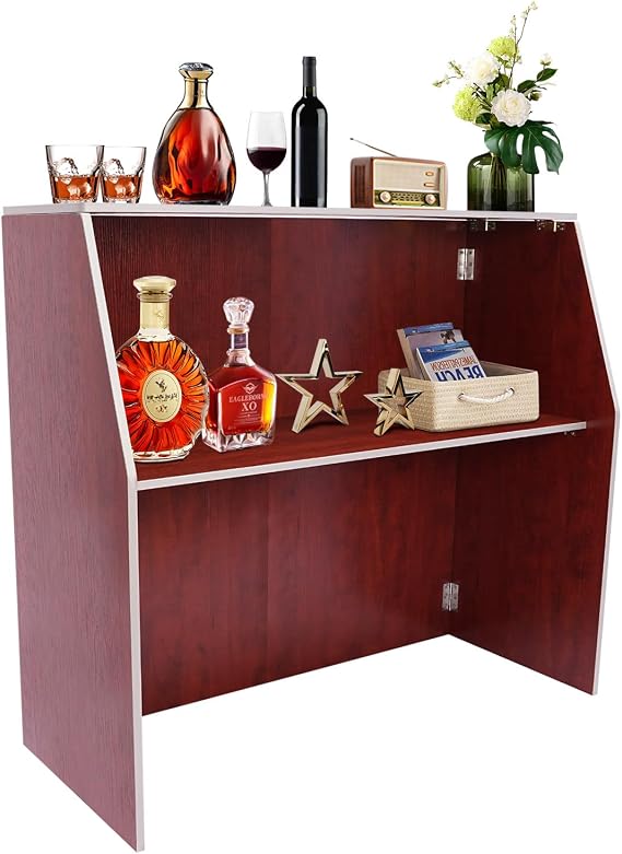 Foldable Bar Cabinet, Portable Event Bar Table w/Top and Middle Shelves Commerical Grade Mobile Bartender Station Foldable Bar for Parties, 47.75L x19.5W x42.75H (Brown)