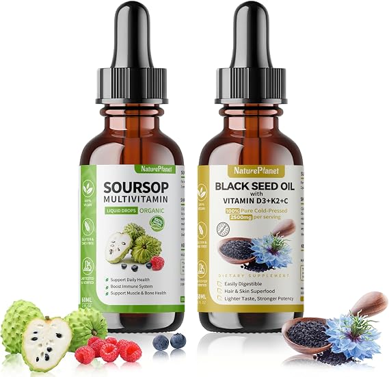 NaturePlanet Organic Soursop & Black Seed Oil Drops Bundle D3 K2 B6 C