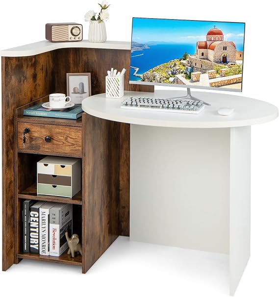 Tangkula Reception Desk, Front Counter Desk with Lockable Drawer & Adjustable Shelf, Oval Desktop, Retail Counter for Checkout, Computer Workstation for Salon Lobby Office, Home Office Desk