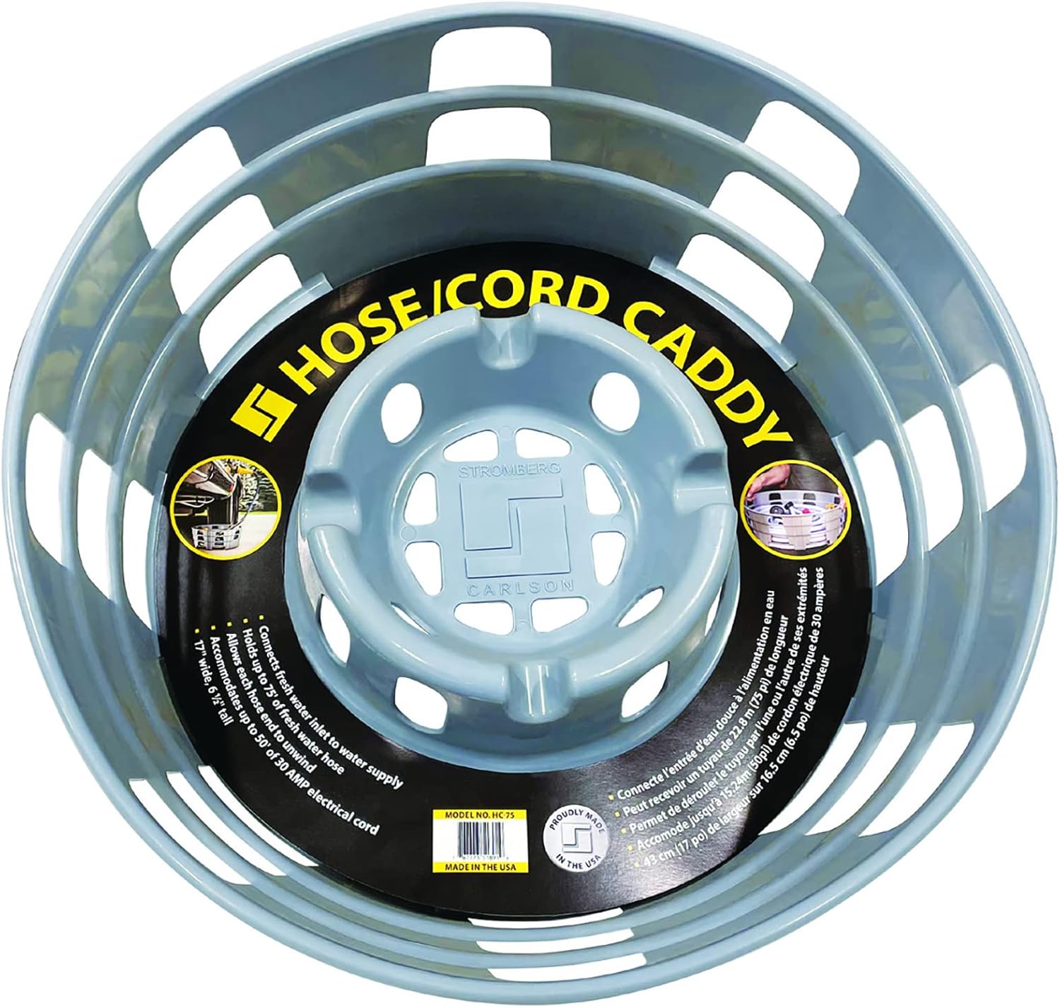 Stromberg Carlson HC-75 RV Hose and Cord Caddy for Campers and Trailers, Compact Organizer for Power Cables and Water Hoses, Durable Outdoor Storage Solution Holds 75 Fresh Water Hose, 17x6.5, Gray