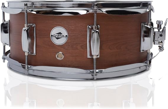 GRIFFIN Snare Drum 14" x 5.5" (PoplarPro Edition) Wood Shell with Flat Hickory PVC, Coated Head, Snare Throw Off, Key & 8 Metal Tuning Lugs