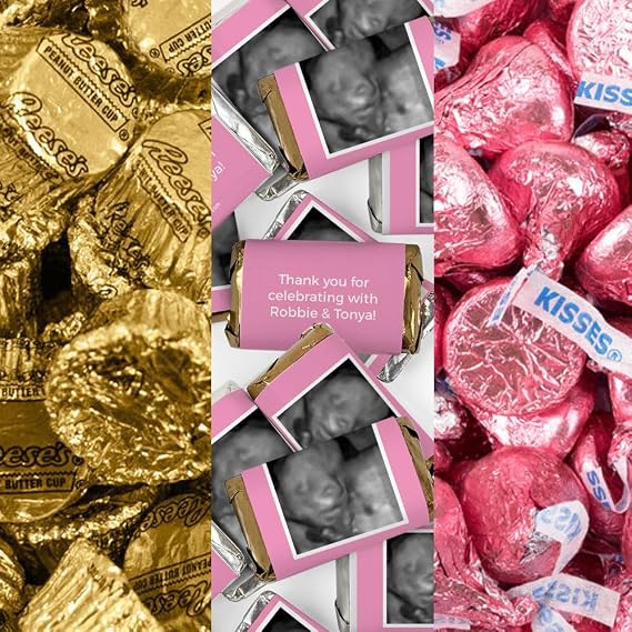 200pcs Personalized Pink Baby Shower Candy Kit with Photo, Party Favors for Guests, Candy Buffet Supplies (Custom Miniatures, Kisses, Peanut Butter Cups) - Sonogram Photo